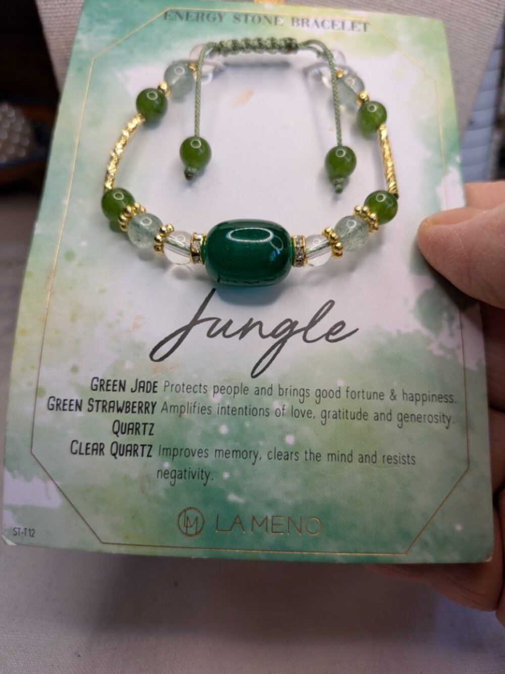 La Meno “Jungle” Energy Stone Bracelet – Green Jade & Quartz –New on Card